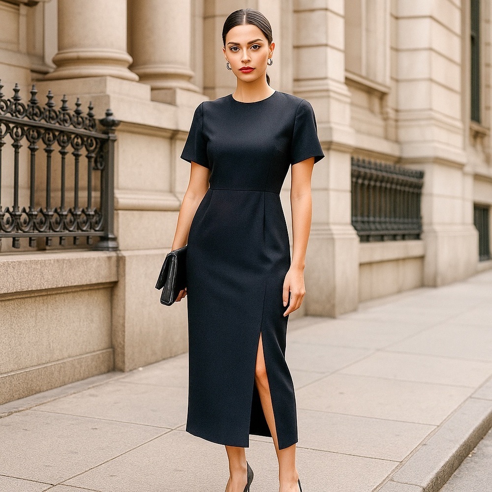 Rena Rowan Saville Black Midi Dress 6 Short Sleeve Slit Elegant Cocktail Classic